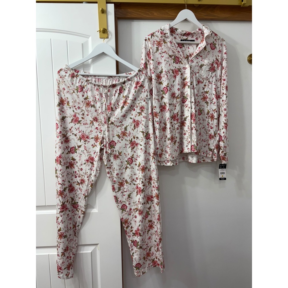 Vintage Lauren Ralph Lauren Womens 2-Pc. Floral Pajamas Set embroidered logo Med